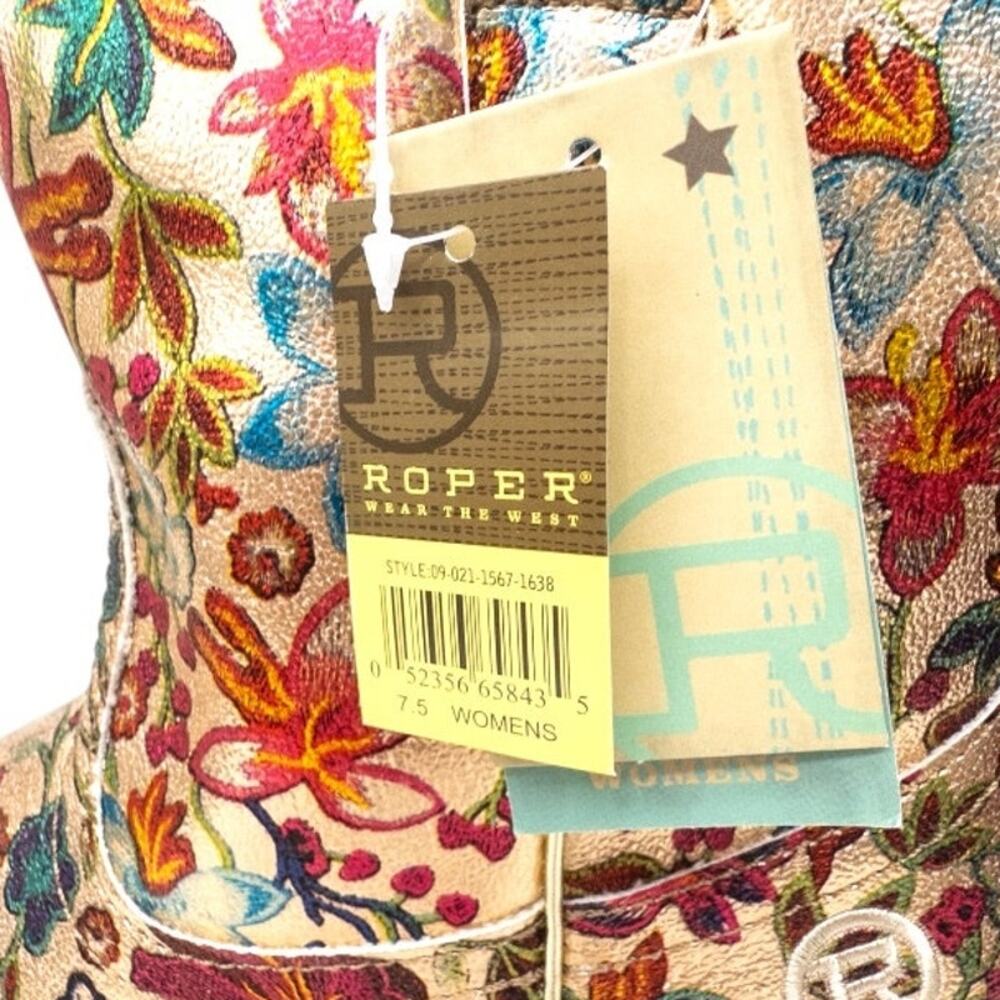 Roper Ingrid Metallic Gold Floral Snip Toe Women's Western Boots Size 7.5 - Picture 7 of 8